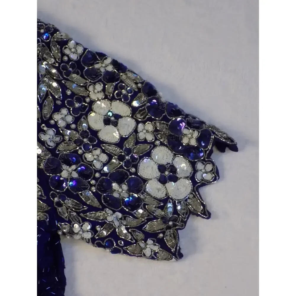 VTG D'Albert Sequin Beaded Blouse Eveningwear Blue Flower 80s 100% Silk - Picture 8 of 9